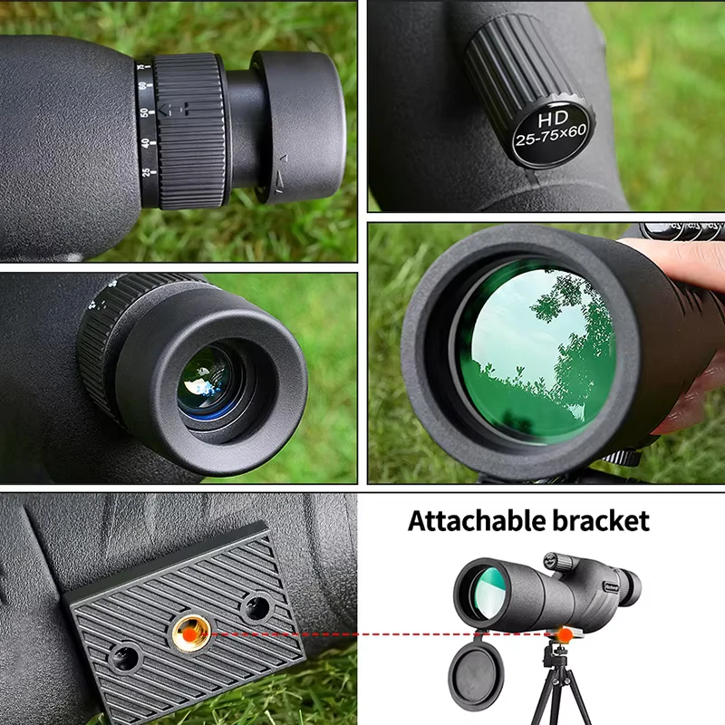 25-75x60 HD Spotting Scope Powerful Monocular Zoom Telescope BAK4 Prism Waterproof for Birdwatching Target Shooting Camping