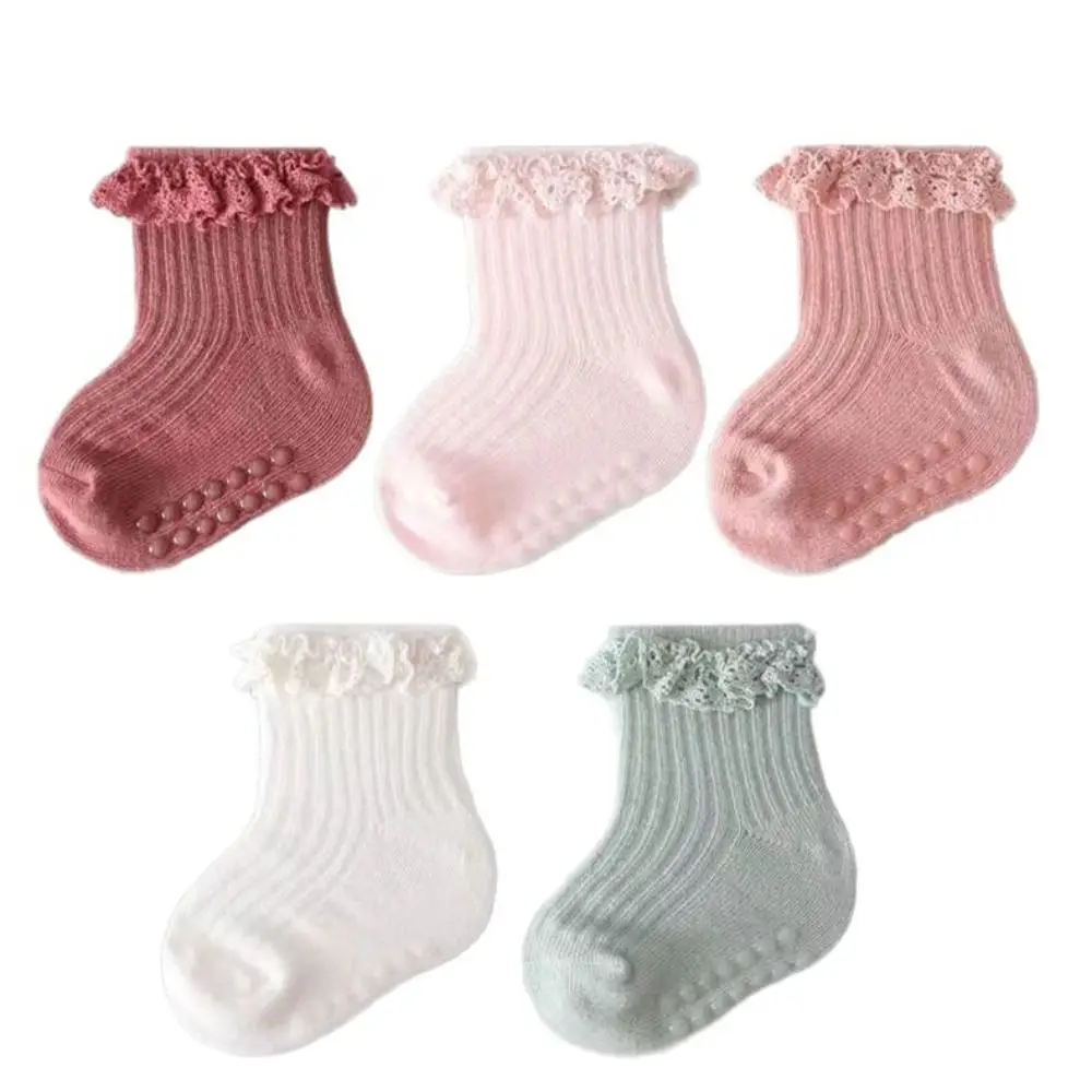 5Pairs Sweet Cotton Baby Ruffle Socks Non-slip Lace Kids Tube Sock Infant Newborn Toddle Walking Socks Princess