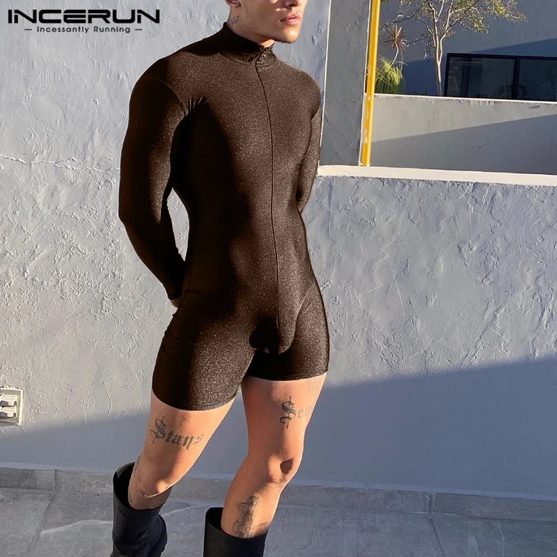 

INCERUN 2023 Fashionable New Men's All-match Half High Neck Solid Rompers Leisure Sexy Style Male Long Sleeved Jumpsuits S-5XL