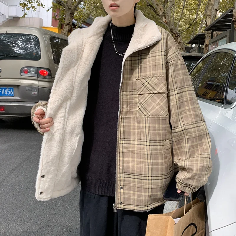 남성용 양면 모직 재킷, 가을 겨울 트렌디 체크 무늬 멋진 힙합, 홍콩 스타일 학생 코튼 패딩 코트, 가디건