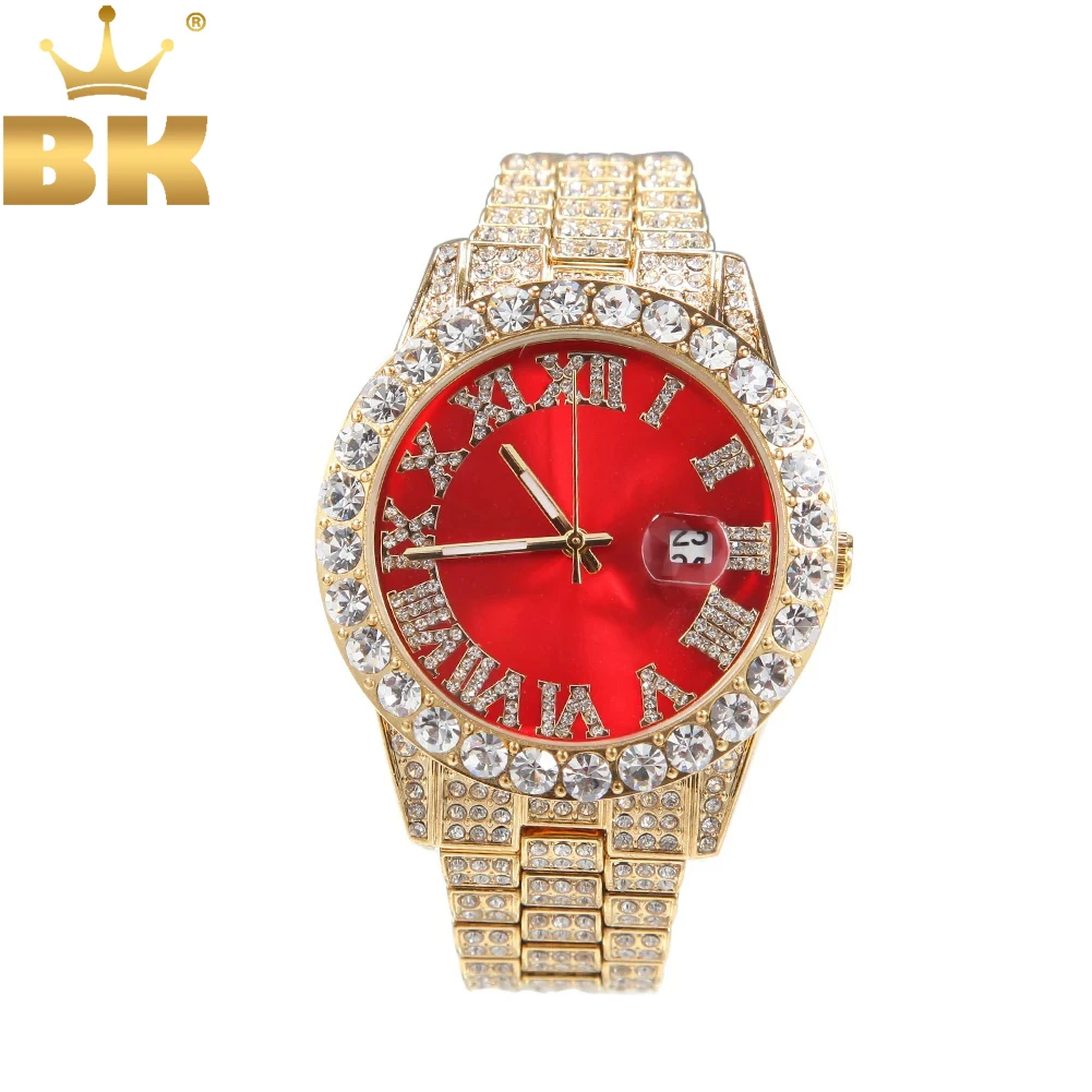 

TBTK Для мужчин's Часы льдом Водонепроницаемый красный Нержавеющая сталь часы Для мужчин от топ бренда, Роскошные Аналоговые кварцевые часы с календарем и Шарм ювелирные изделия