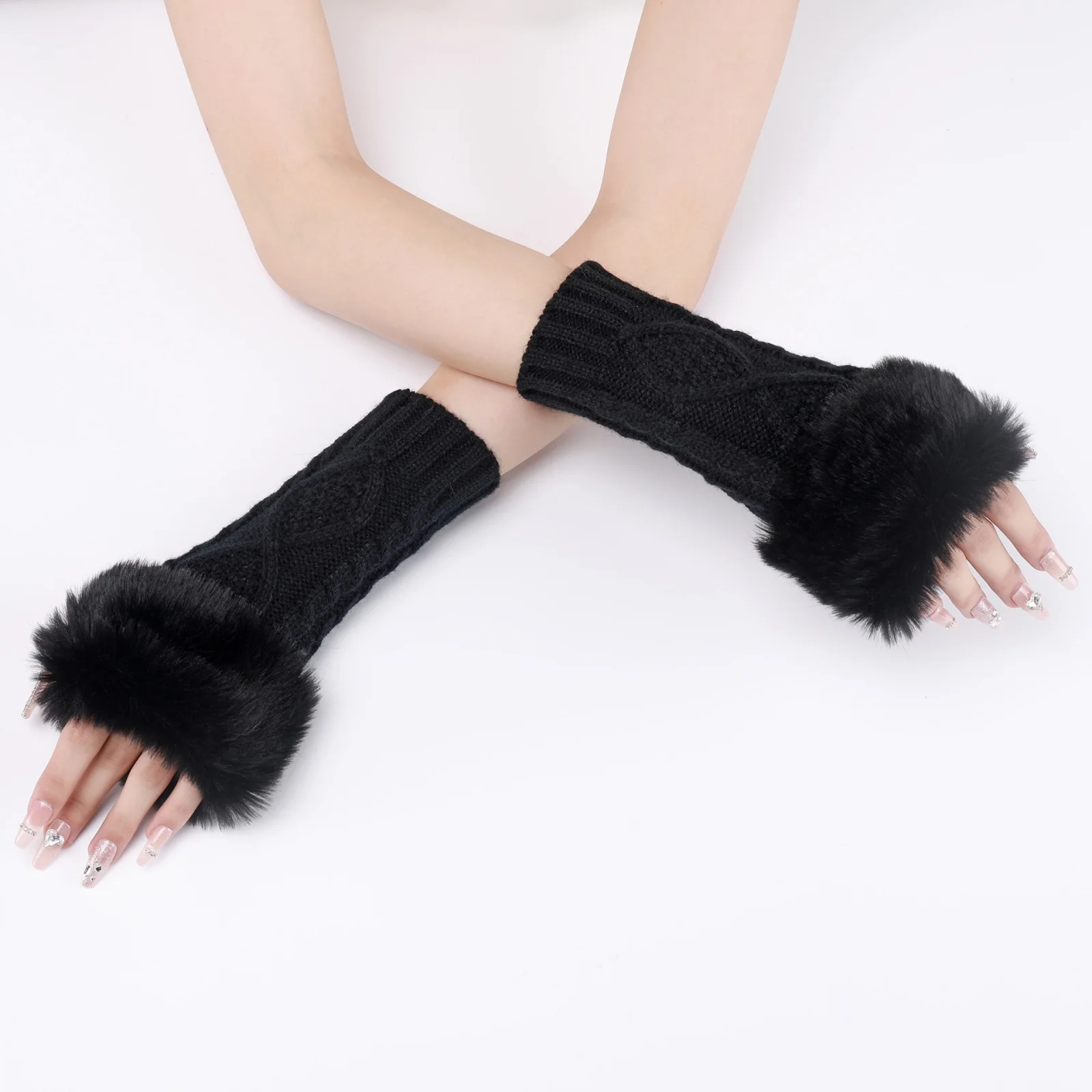 A Pair Of Women's Knitted Fingerless Gloves With Faux Fur Cuff, Warm Winter Fall For Ladies,  Cable Knit Arm Warmers For Cold