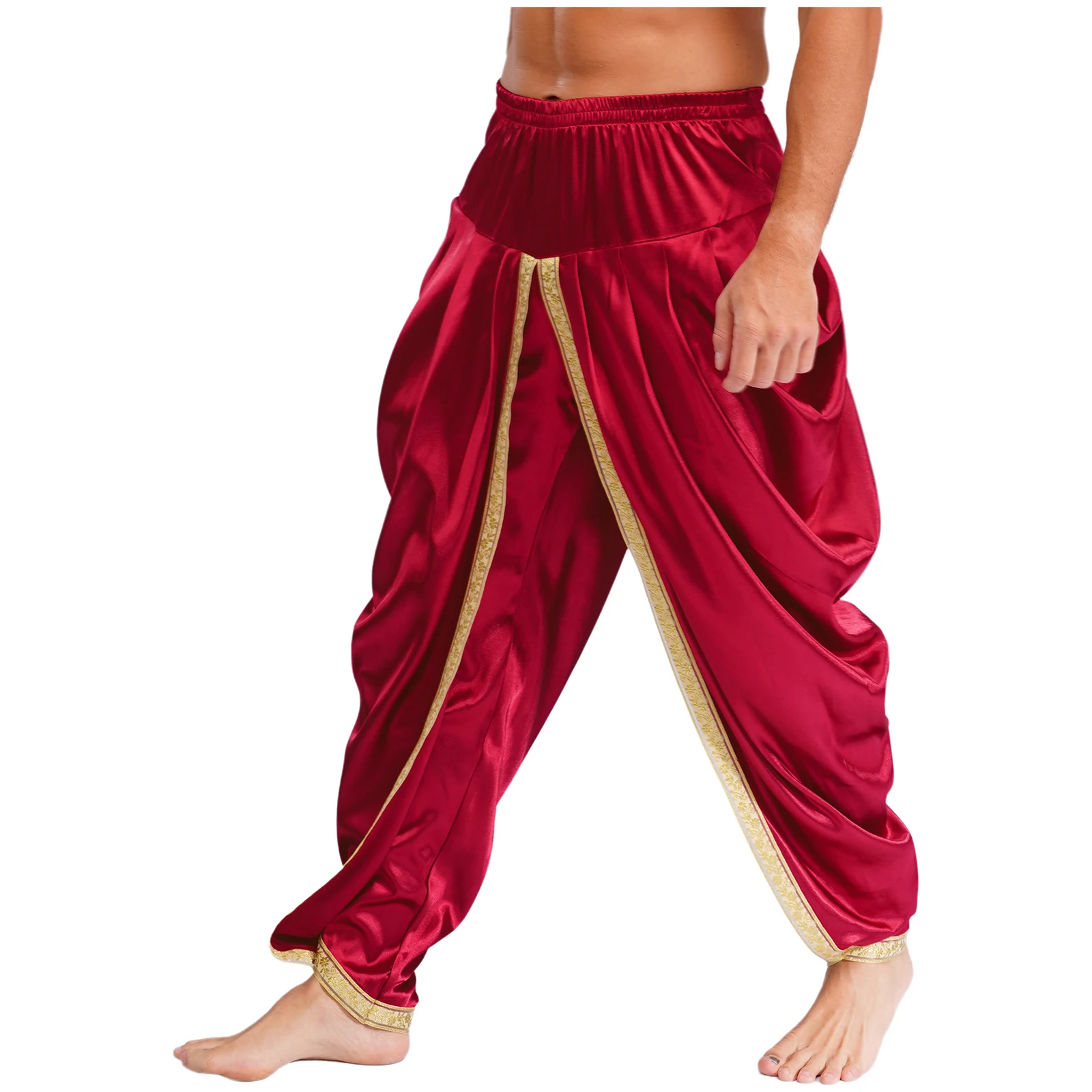 Men Festival Costume Set Cosplay Costume Men Arabian Prince Costume Satin Dhoti Pants Elastic Waistband Draped Baggy Bloomers Adult Halloween Carnival Cosplay Trousers