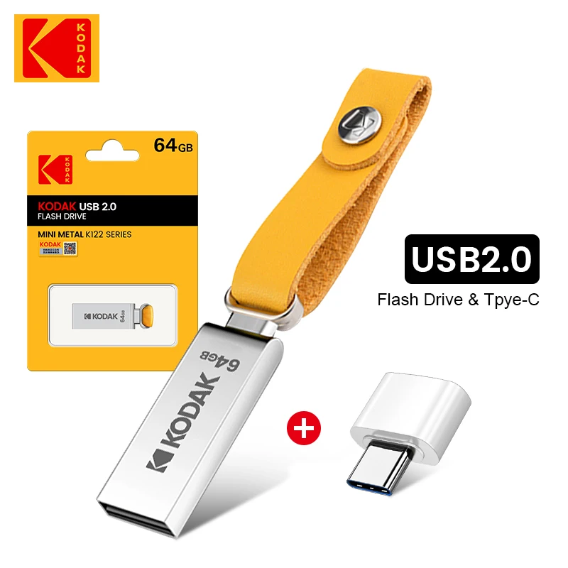 Kodak-metal Flash Drive Usb 2.0 Pendrive 64gb Memória de Disco Mini u Adaptador tipo c Alta Velocidade pc Carros Landyard Novo 10 Peças
