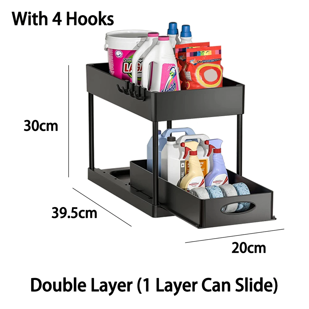 MINKUROW Almacenamiento para debajo del fregadero, organizador de cestas  deslizantes para debajo del fregadero de 2 niveles con ganchos, estante de