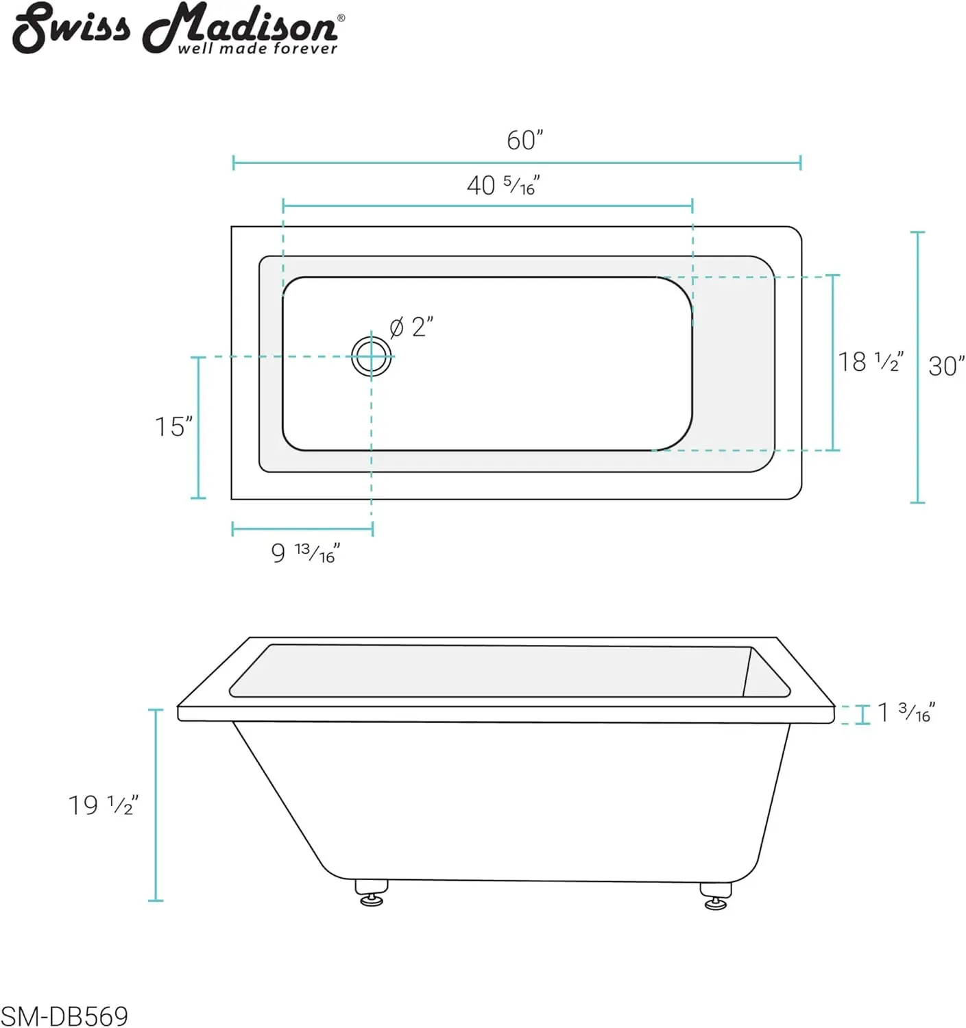 Well Made Forever SM-DB569 Voltaire 60"x30" Acrylic Drop-In Bathtub Beautiful Reversible Drain Designed for Durability 2