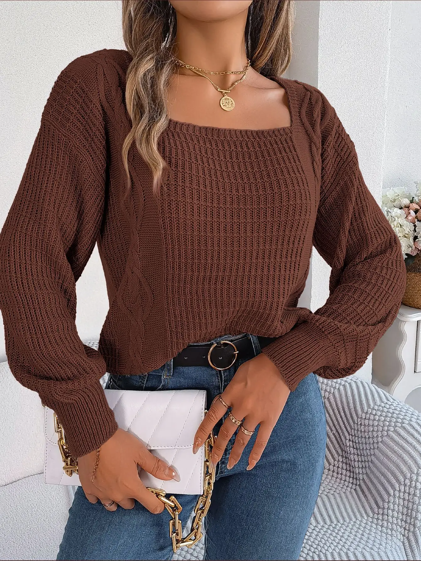 

Autumn Winter Sweater for Female Fashion New Casual Solid Color Square Neck Twist Design Lantern Sleeve Knitted Pullover Blouse