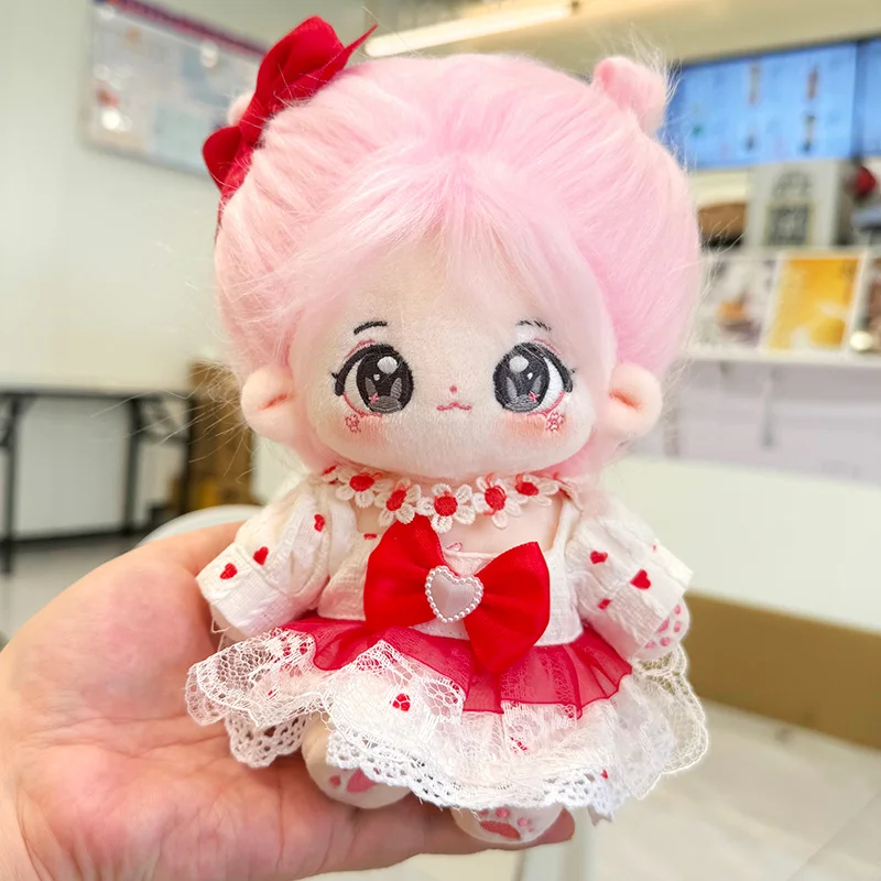 20cm Cute Red Bow Dress Suit Plush Doll Toy Kawaii Stuffed Soft Idol Cotton Doll for DIY Clothes Girls Kids Fans Collection Gift