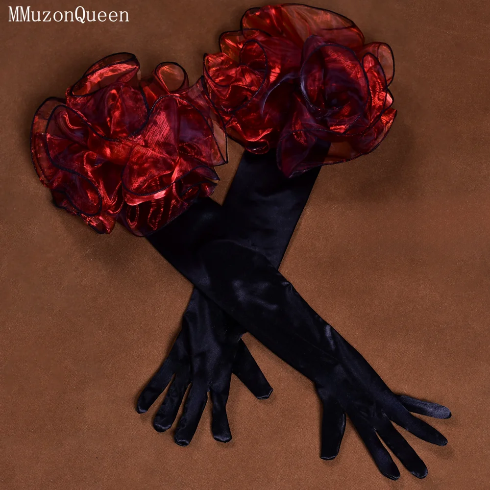 MMQ Black Satin Over-The-Elbow Gloves Red Wine Red Flowers Embellish Ball Accessories Bridal Gloves With Fingers