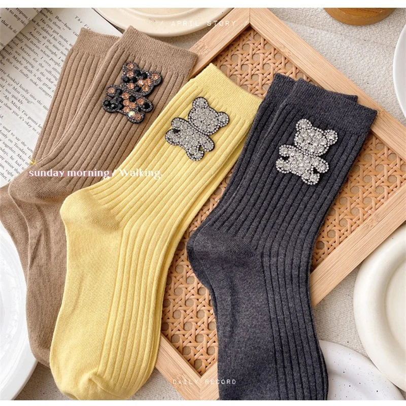 Diamond Cartoon Bear Decorative Socks Fashionable Diamond Sparkling Women's Socks Comfortable And Breathable Christmas Socks
