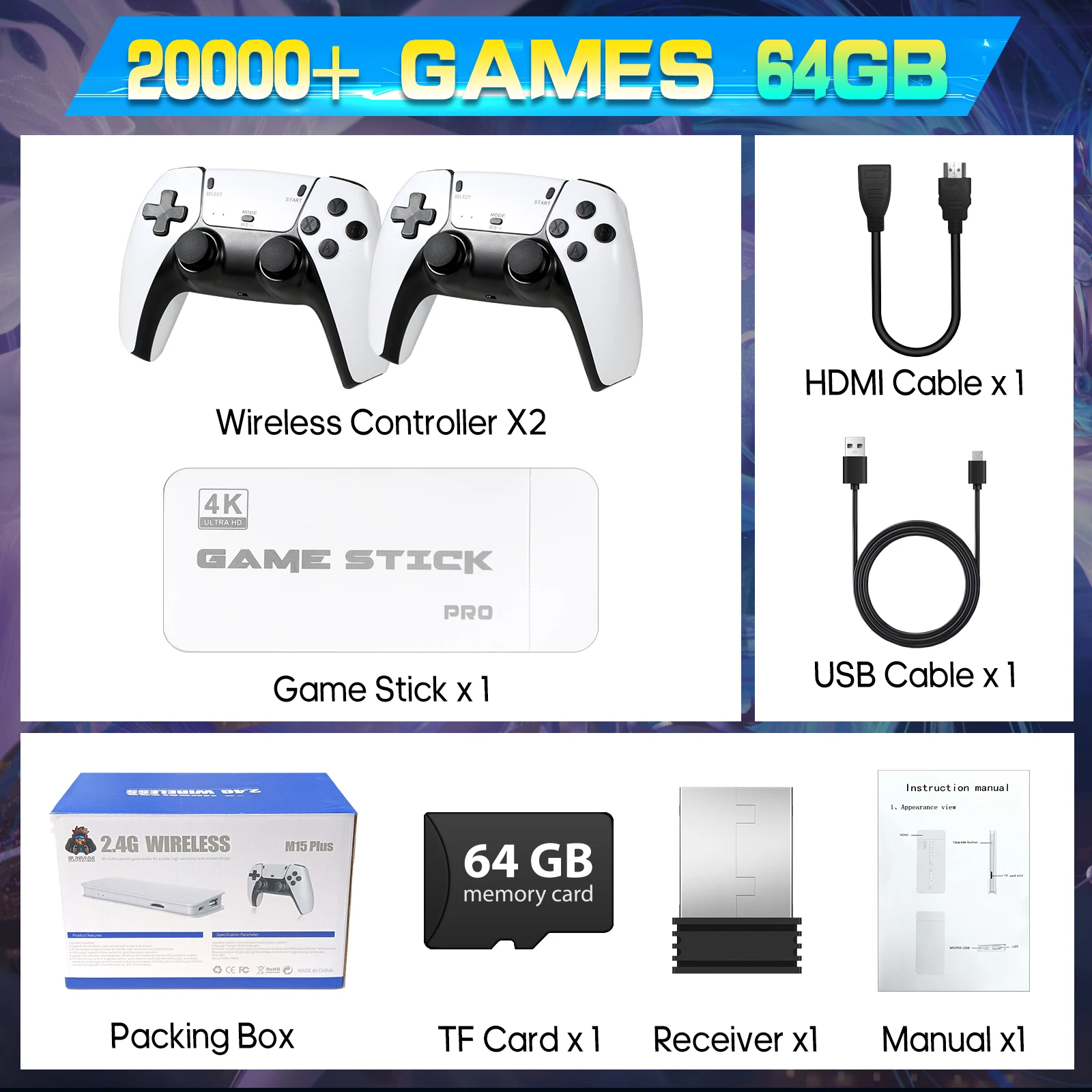 M15 4K TV Retro Handheld Game Console Stick 2.4G Dual Wireless Controller 20000+ Classical Games 23 Classic Emulaters 7