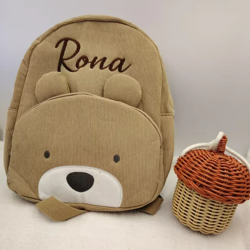 Personalized corduroy Backpack custom name embridery kindergarten schoolbags for children girls boys solid baby cute bags bear 2