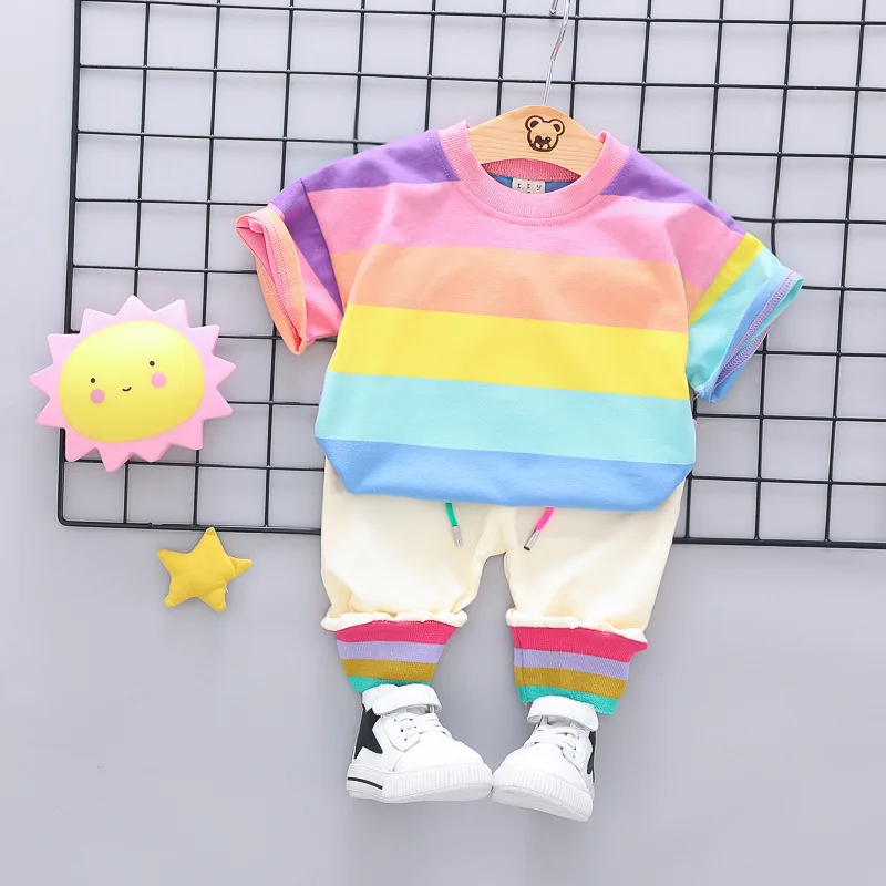 

Childhood Colorful Rainbow Stripes Baby Girl T-shirts+Pants 2 Piece Summer Toddler Girl Clothes Sets Girls Outfit Sets GY02254