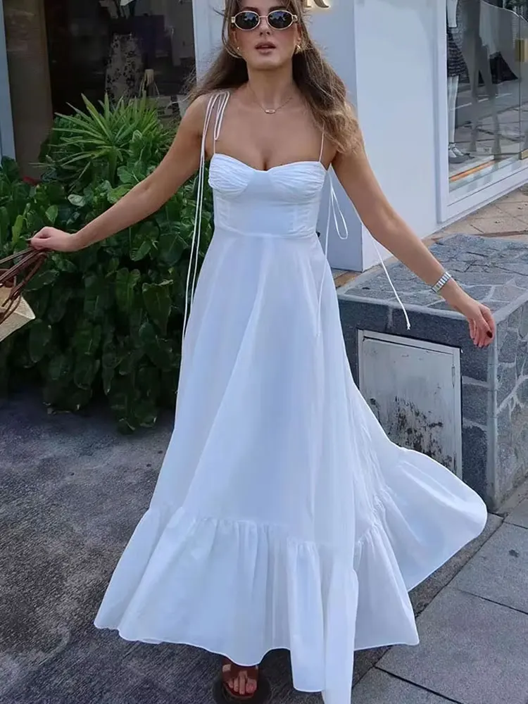 HH Woman Fashion Summer Chic Long Dresses White Sling Sleeveless Backless  Lace-Up Decoration Zipper Female Beach Style Dress - AliExpress 200000345
