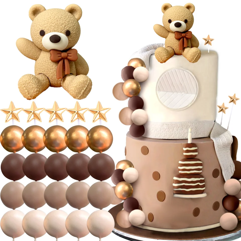 JeVenis Decorazione Torta Orso Marrone Boho - Topper per Torta con Palline Marroni Beige - Decorazione per Compleanno e Babyshower JeVenis Decorazione Torta Orso Marrone Boho - Topper per Torta con Palline Marroni Beige - Decorazione per Compleanno e Babyshower