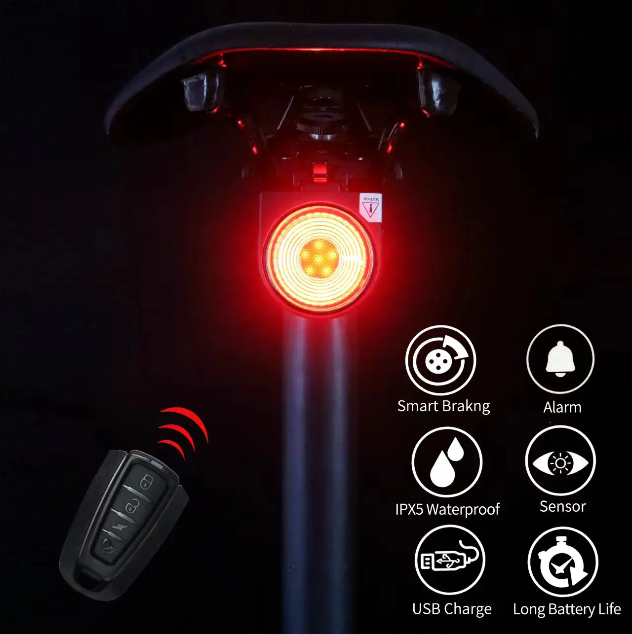 Antusi A8 Wireless Theft Alarm Remo Bike Led Portable Rechargeable Rear