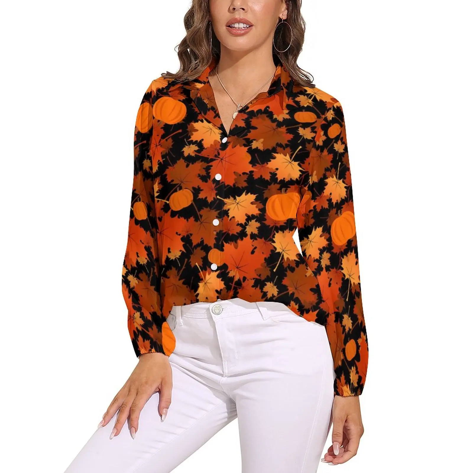 

Pumpkin Print Blouse Maple Leaves Vintage Custom Blouses Womens Long Sleeve Street Fashion Shirts Spring Oversized Top