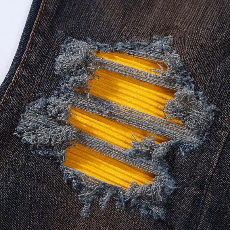 High Street Fashion Men Jeans Retro Washed Stretch Skinny Fit Ripped Jeans Men Leather Patched Designer Hip Hop Brand Pants