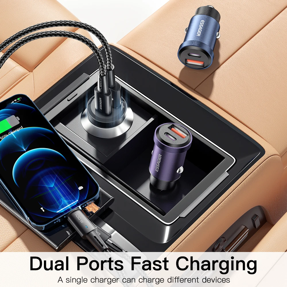 Essager USB Car Charger Quick Charge 4.0 QC4.0 PD3.0 SCP 5A Type C 30W Fast For iPhone 13 12 Xiaomi Mobile Phone