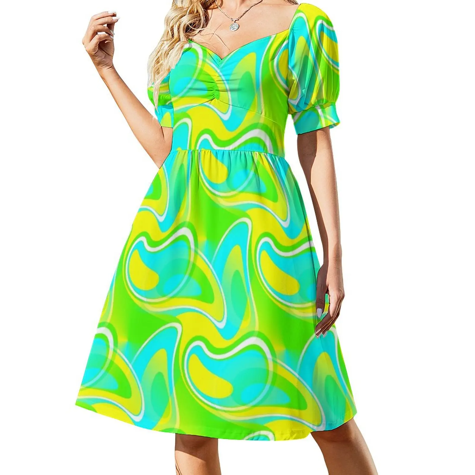 thumbnail image 1 of Vestido de manga corta con estampado abstracto de cachemira moderno de los años 60 en verde, azul y amarillo. Vestidos de lujo., 1 of 7