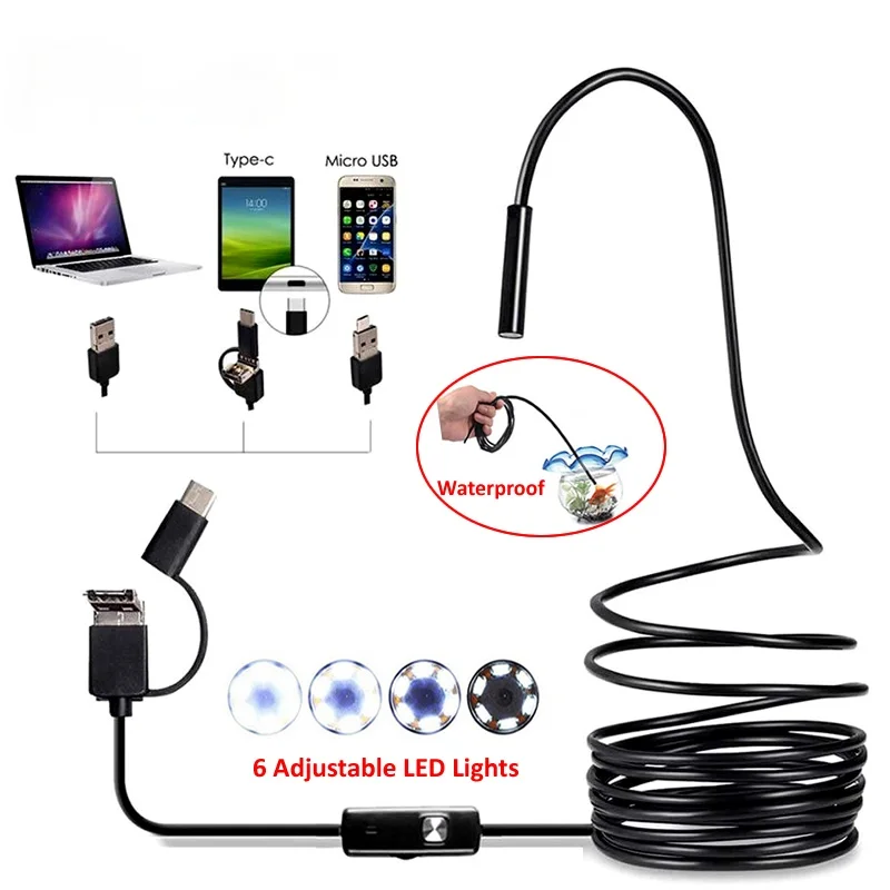 Endoscope Camera 7MM 3 in 1 USB Mini Camcorders IP67 Waterproof 6 LED Borescope Inspection Camera For Windows Macbook PC Android