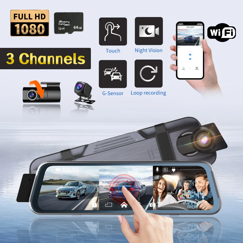 차량용 삼채널 와이파이 대시캠, 후방 뷰 DVR 주차모니터 포함, 블랙박스, 비디오 녹음기, 차량 액세서리