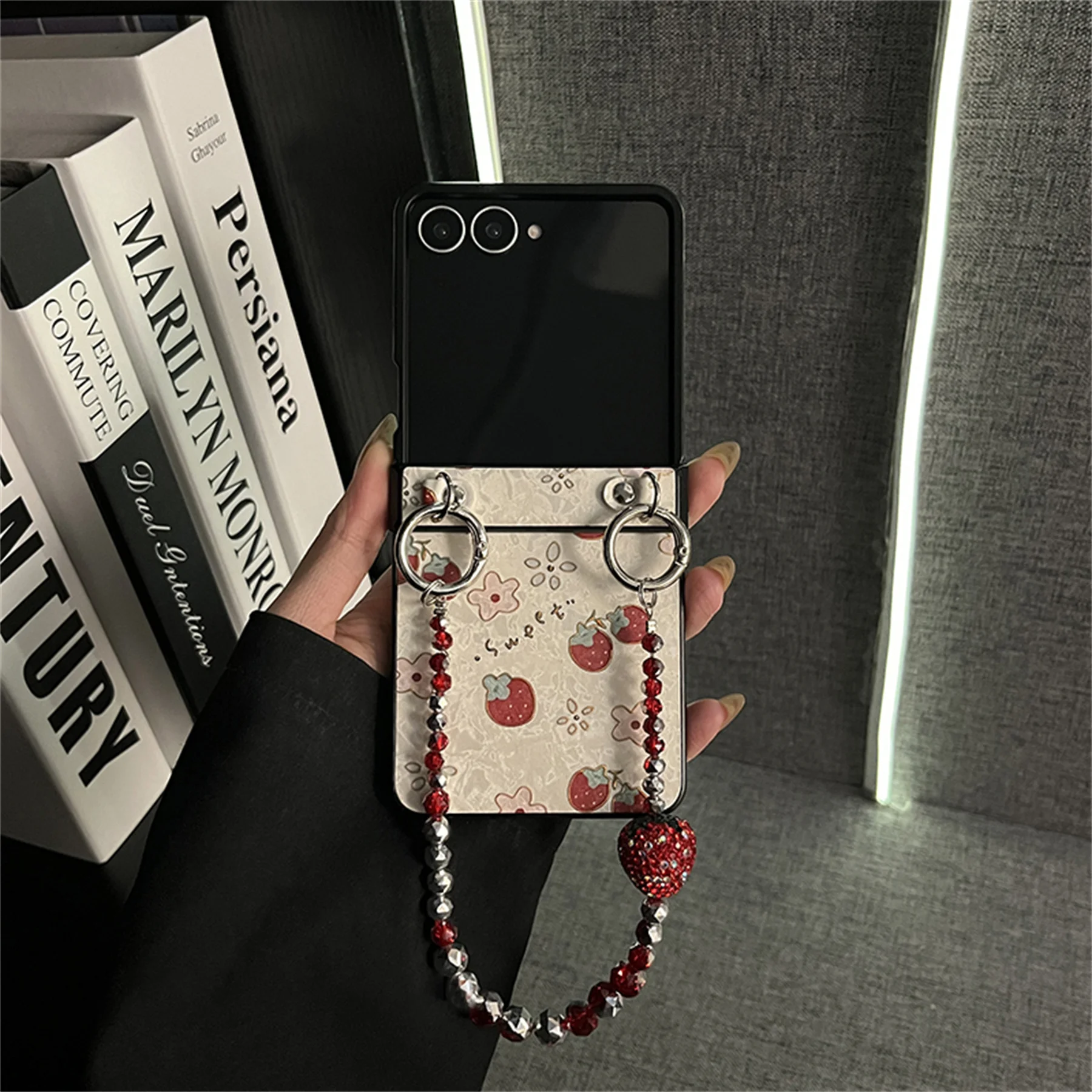 Chic Strawberry Flower Phone Case with Rhinestone Bracelet Chain - Shockproof Cover