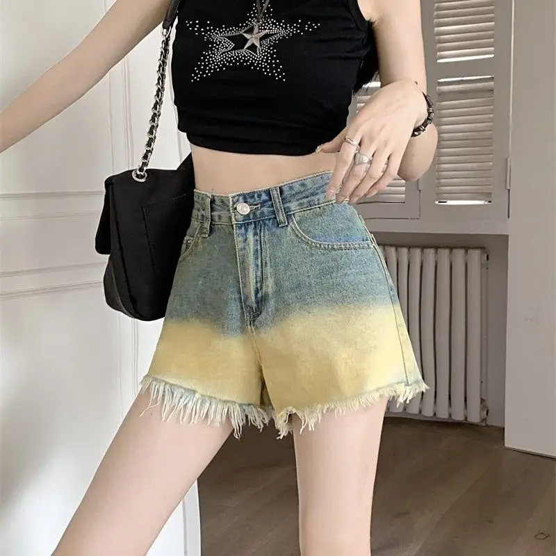 Summer Denim Tassel Gradient Shorts Women Chic Y2k Girls Ulzzang High Street College Fashion Distressed Harajuku Hotsweet Dating