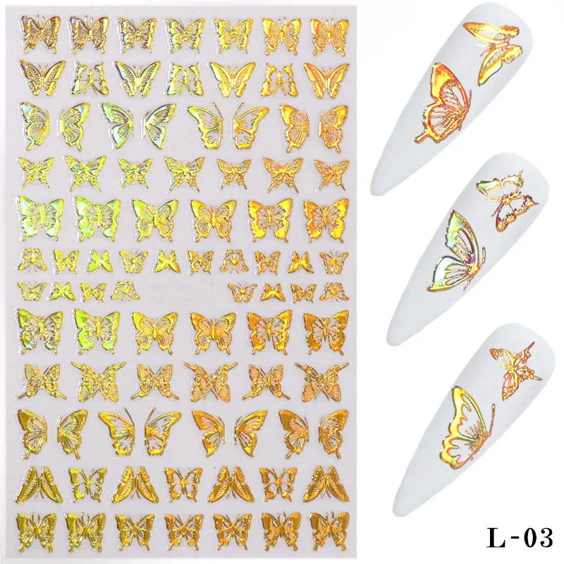 Misscheering-3D Laser Nail Stickers, bronzear, decalques estereoscópicos, Nail Art Decorações, ouro, tira, borboleta