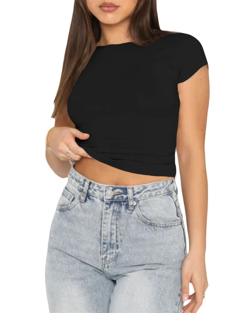 Women's Basic Short Sleeve Scoop Neck Crop Top Casual Slim Fitted Y2k T  Shirts Sexy Soild Color Navel Shirts