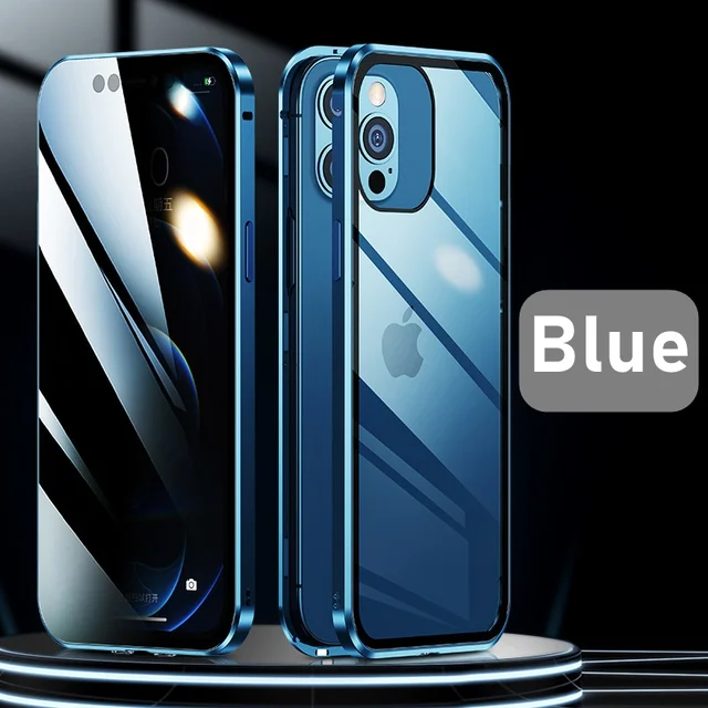 Tongdaytech Privacy Magnetic Case For Iphone XS 13 12 11 Pro MAX XR 6 7 8 Plus Magnet Metal Tempered Glass 360 Protective Cover Blue