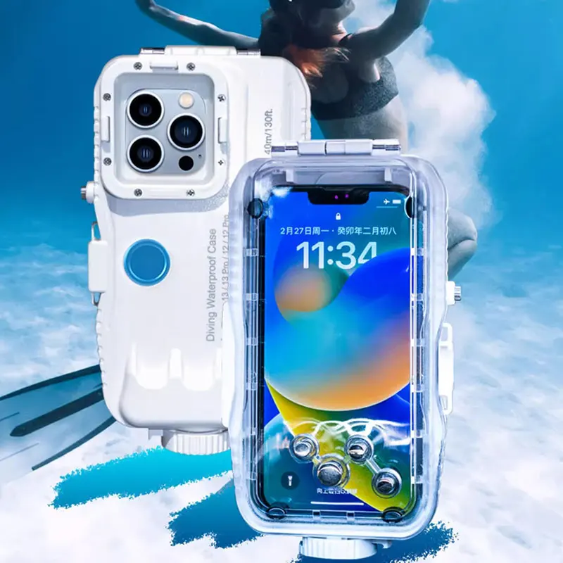 

PULUZ 40m/130ft Waterproof Diving Case for iPhone 14 Pro max with One-way Valve Photo Video Taking Underwater Housing Cover