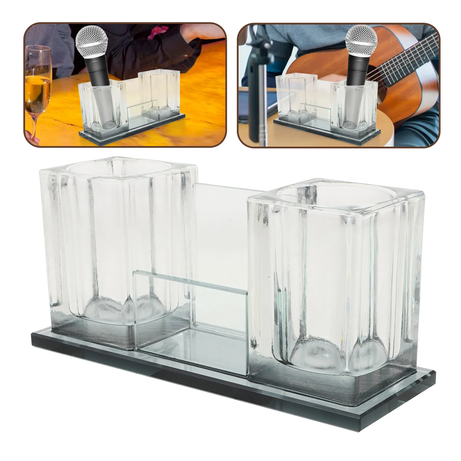 안정적인 2슬롯 아크릴 데스크탑 마이크 스탠드, 헤비 베이스 마이크 홀더 (사무..