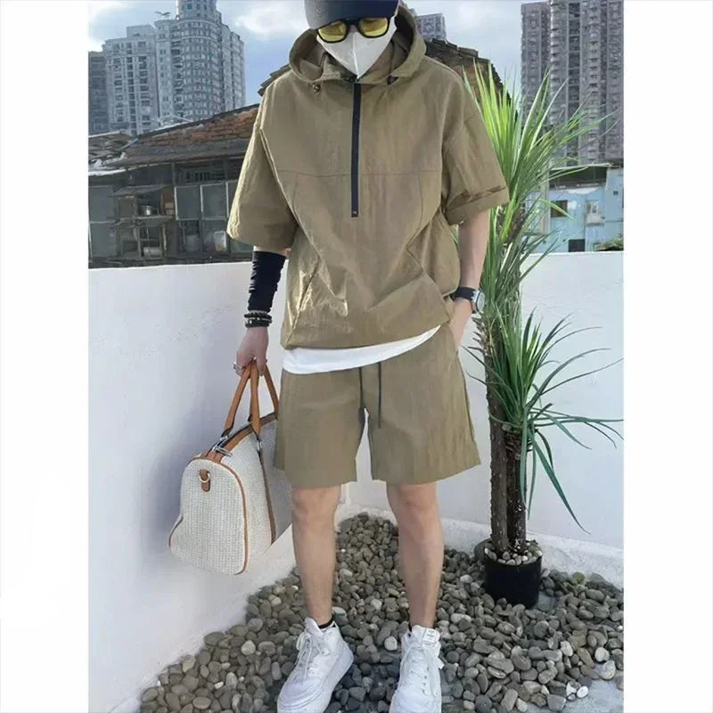 Sweater Set Summer Cargo Style Men's Casual Hooded Solid Short Sleeve T-shirt Shorts Loose Fashion