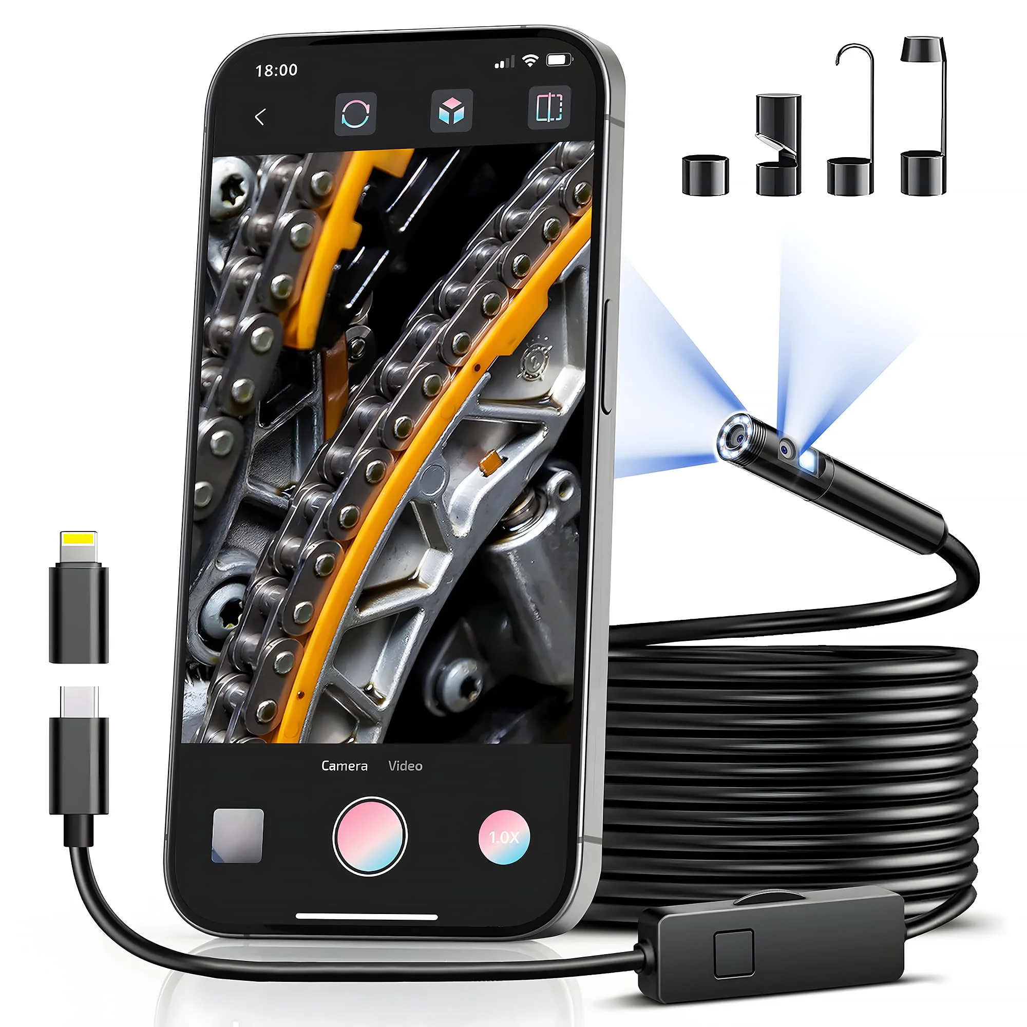 8mm Single-Lens Endoscope Camera Adjustable Light 1920P Semi-Rigid Cable Snake Borescope iPhone iPad Samsung