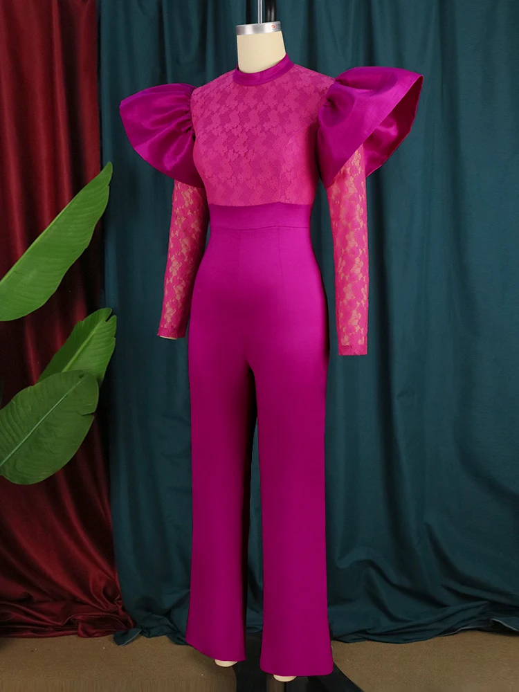 High Waist Ruffle Sleeve Lace Patchwork Jumpsuit 2
