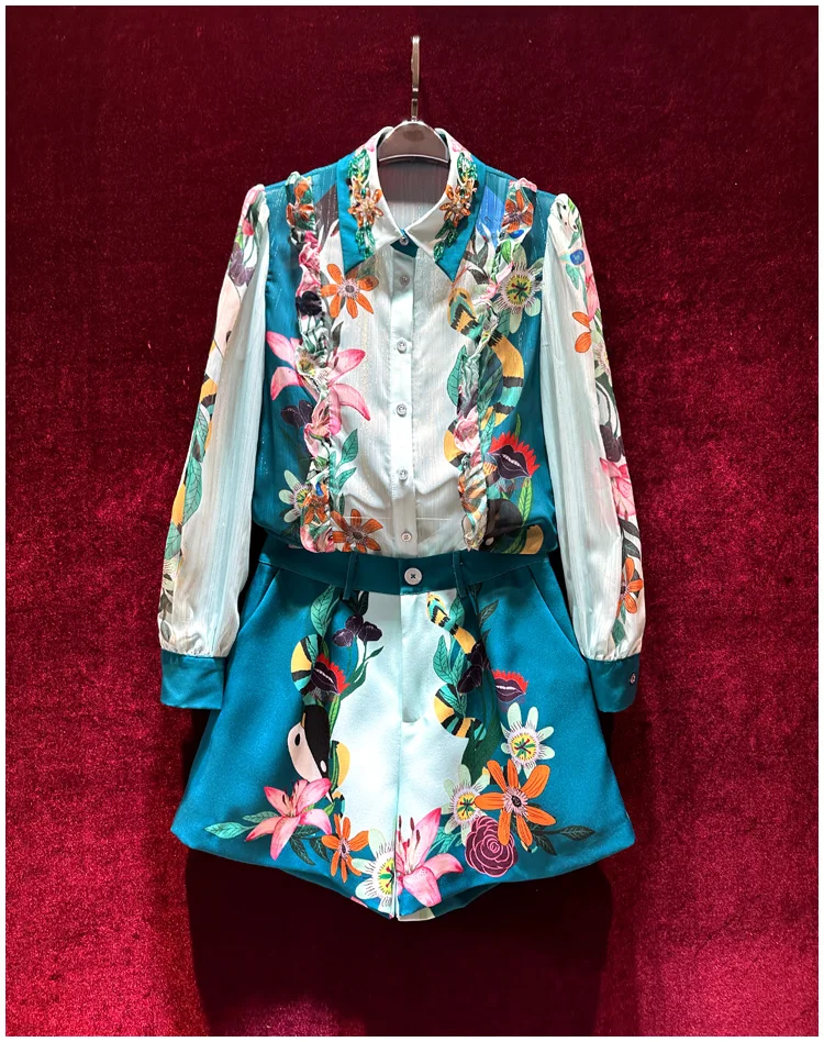

European and American women's clothing 2023 autumn new Long-sleeved beaded lapel shirt Printed shorts Fashion suit