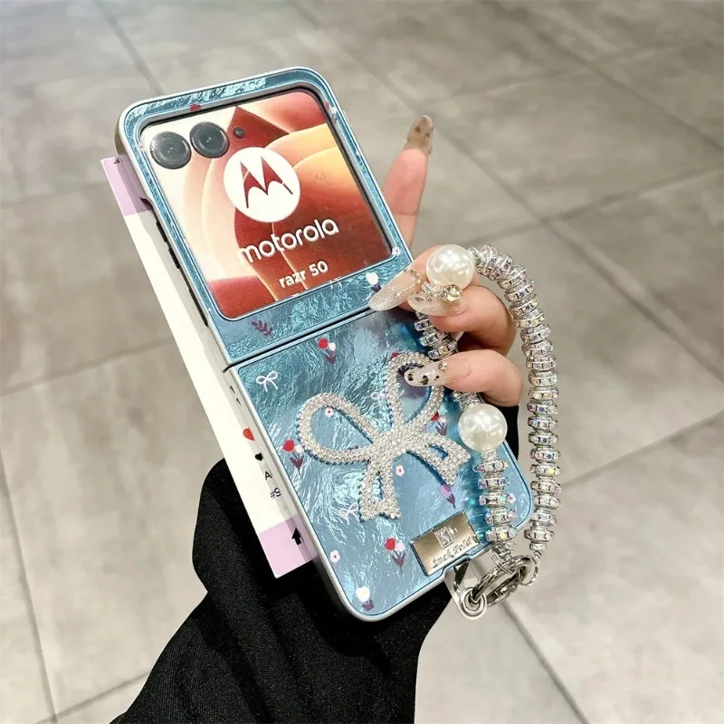 Cherry Pattern Glitter Bow Protective Phone Case with Bracelet – Hard Shell Back Cover