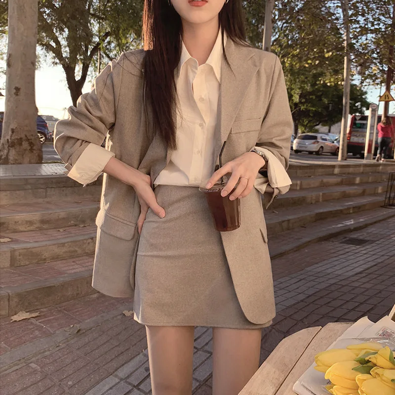 Women Sweet Solid Fall 2 Piece Set Blazer and High Waist Skirt  Jacket Skirt Suits Sold Office Lady Separately Women's Costumes