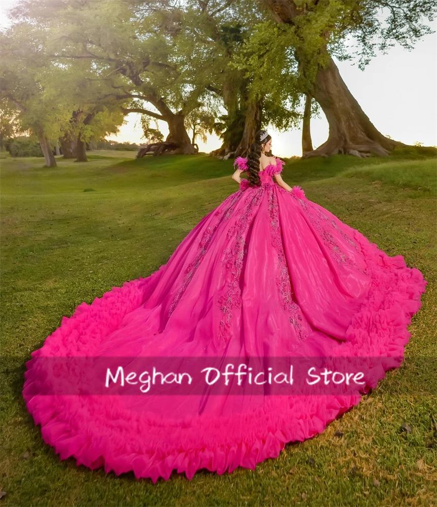 Fuchsia Off Shoulder 3D Flower Quinceanera Dress Bead Applique Birthday Luxury Dress Feather Tiered Ruffles Gown Customized