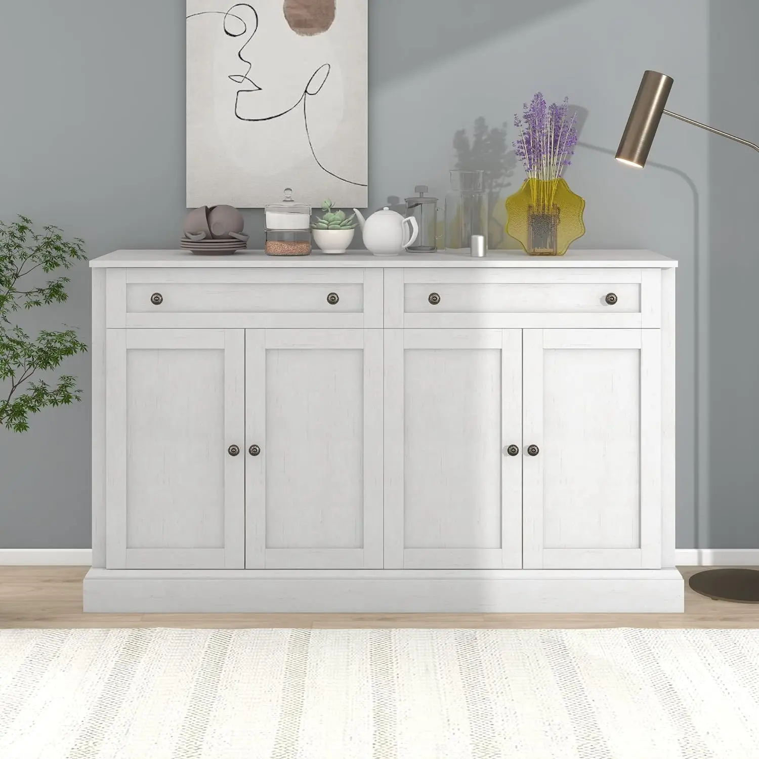 

Multifunctional Buffet Cabinet with 2 Storage Drawers and 4 Doors Adjustable Shelves for Kitchen Living Room,Large,White