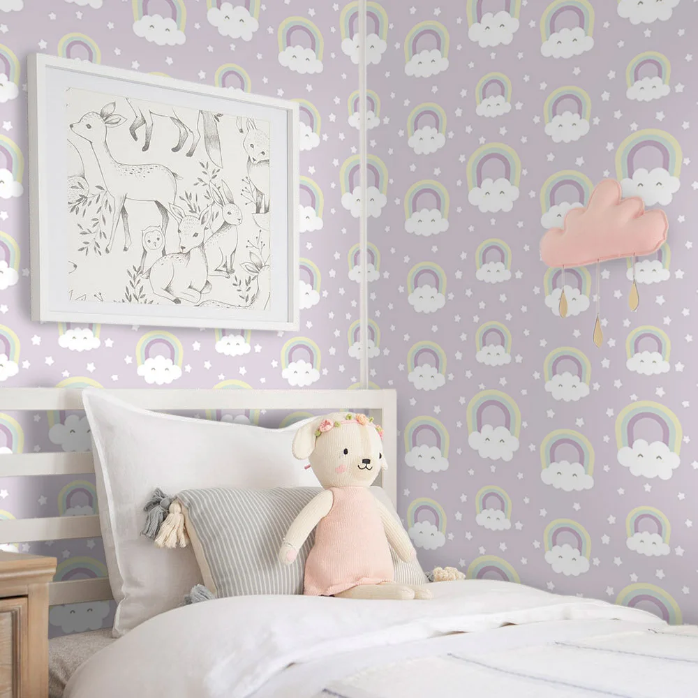 

Watercolor Rainbow Peel and Stick Wallpaper Cute Self-Adhesive Colorful Contact Paper for Nursery Princess Kid Room Decor Purple