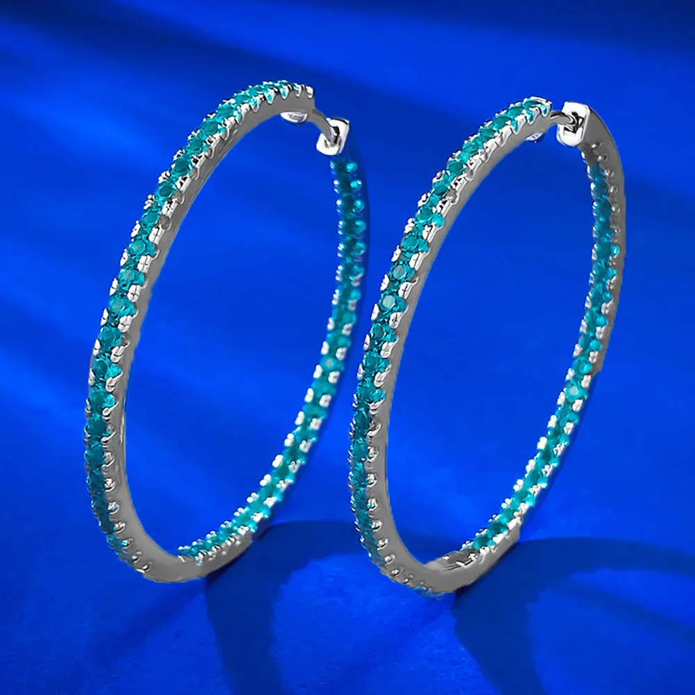 Orecchino Borchia Tormalina Blu 10 Mm | Donna Ragazza, Placcato Platino Con Zirconi, Nuovo