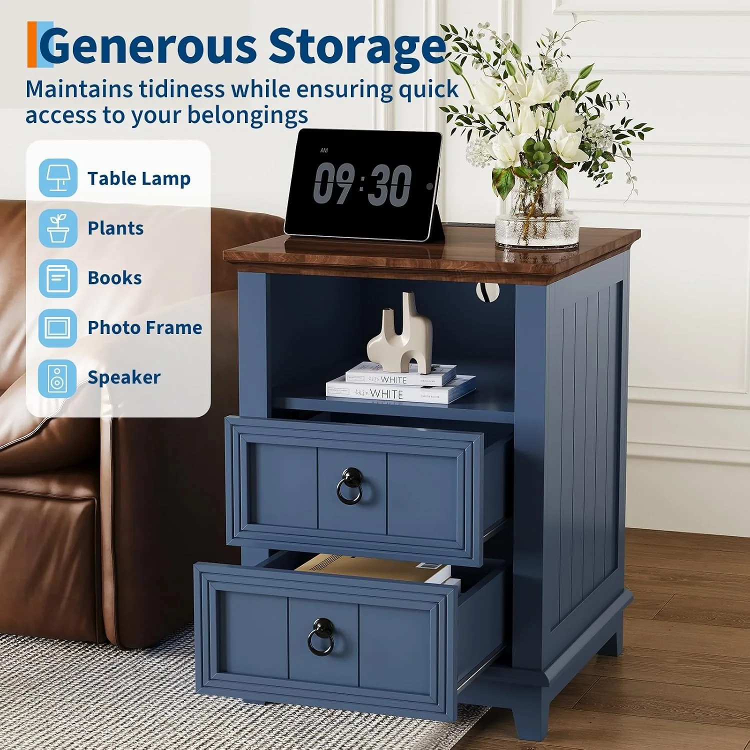 18 Inch Wood Nightstand with USB Charging Station Modern Fluted Bedside Table 2 Drawer End Table with Storage Shelf for Bedroom Living Room Home Office Apartment Dorm Blue 4 18 Inch Wood Nightstand with USB Charging Station Modern Fluted Bedside Table 2 Drawer End Table with Storage Shelf for Bedroom Living Room Home Office Apartment Dorm Blue 4