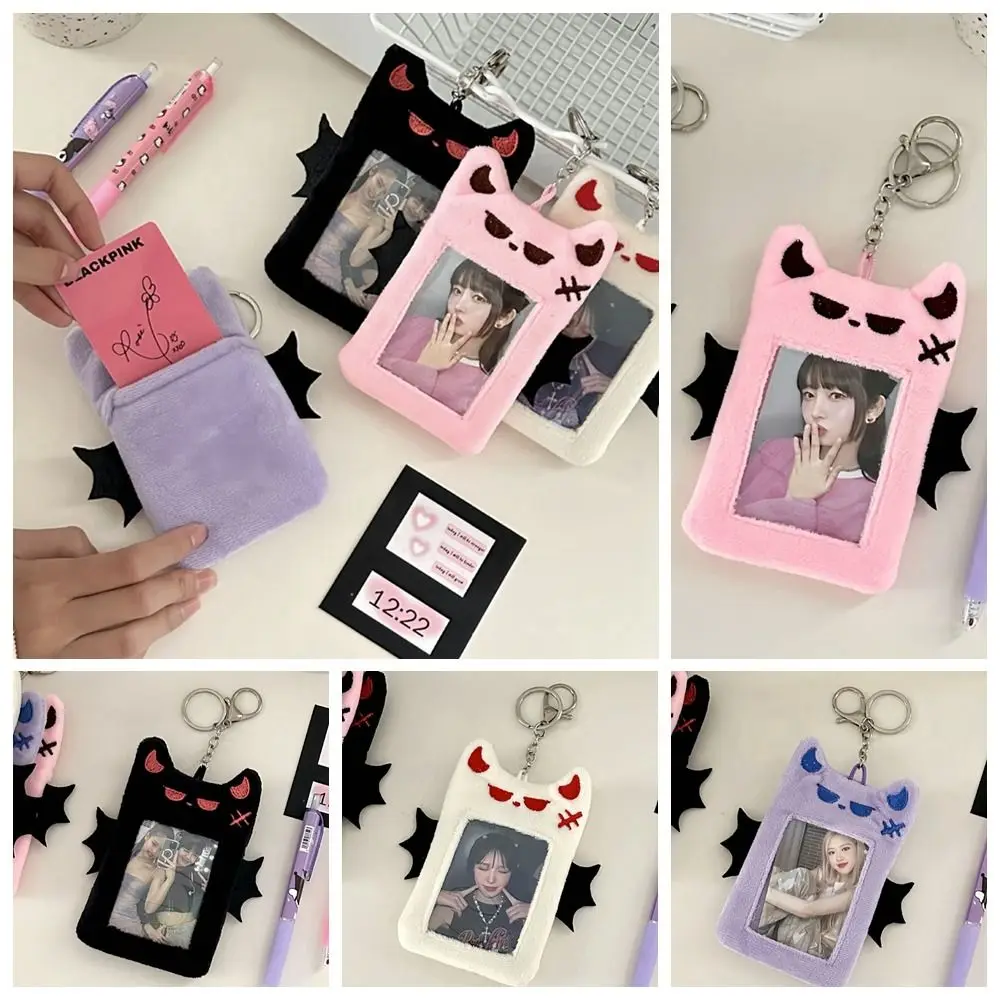 

Transparent Cartoon Plush Photocard Holder Bat Demon Korean Style Cartoon Card Cover with Keychain Pendant Protective Case
