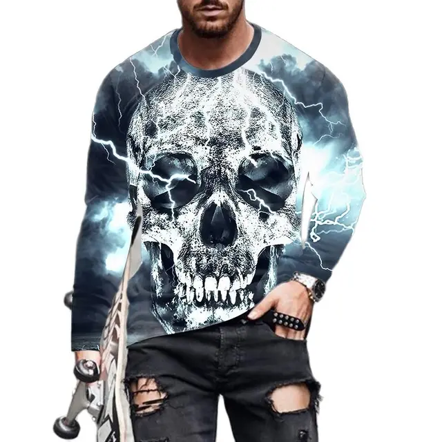 Skull Print T-shirt Men's Casual Sports 3d Long-sleeved Shirt Street Trend European and American Youth Loose Round Neck T-shirt 5