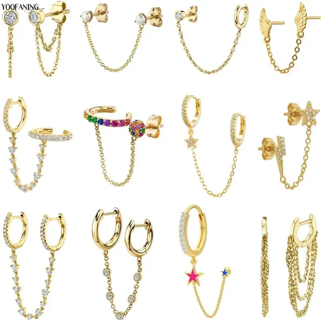 YUXINTOME 1 PC 925 en argent Sterling aiguille d'oreille coloré Zircon chaîne gland boucles d'oreilles pour les femmes deux trous boucle d'oreille bijoux A45