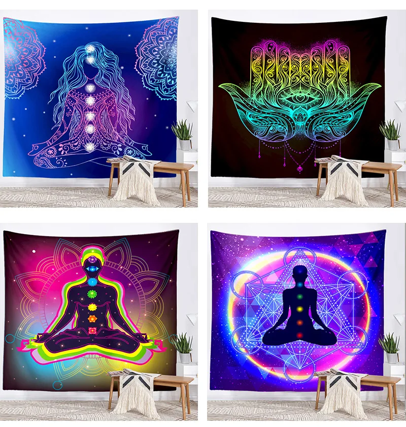 Indian Buddha Statue Meditation 7 Chakra Tapestry Wall Hanging Mandala Tapestries Wall Cloth Psychedelic Yoga Wall Hanging