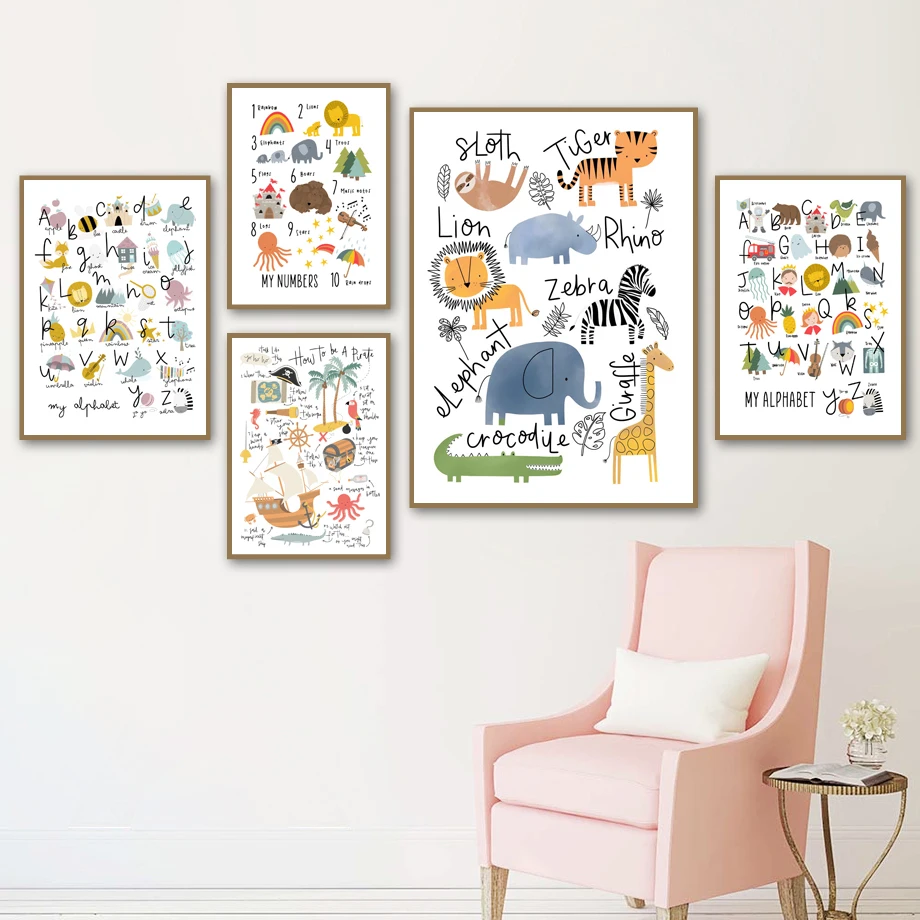 

Educational Alphabet Number Shape Lion Giraffe Nursery Wall Art Print Canvas Painting Nordic Poster Wall Picture Baby Room Decor
