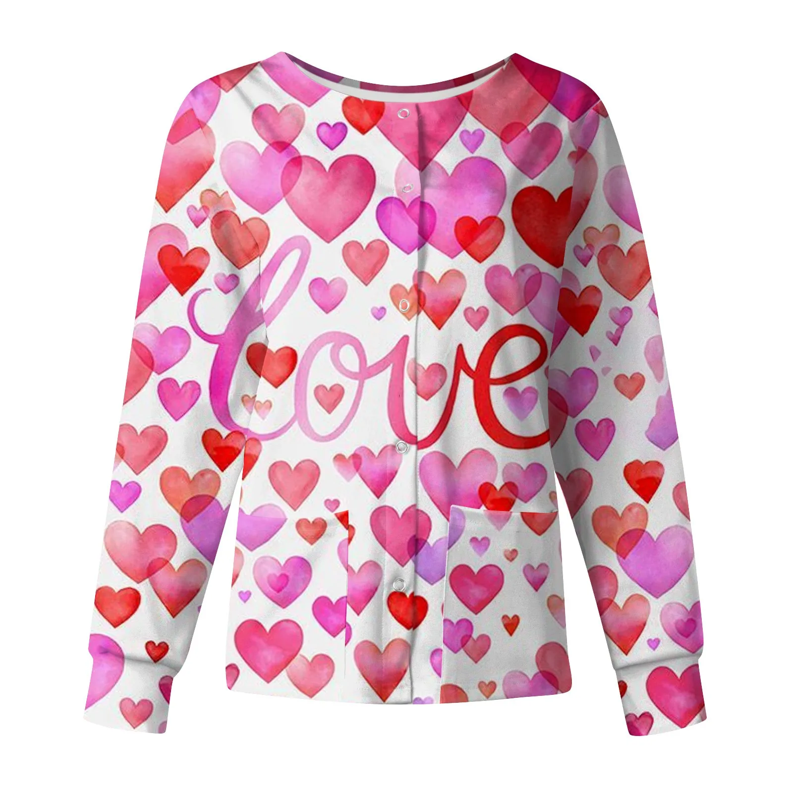 

Valentine Day Women's Nurse Cardigan Casual Long-sleeved Single-breasted Heart Love Print Nursing Uniform Top Carers Workwear